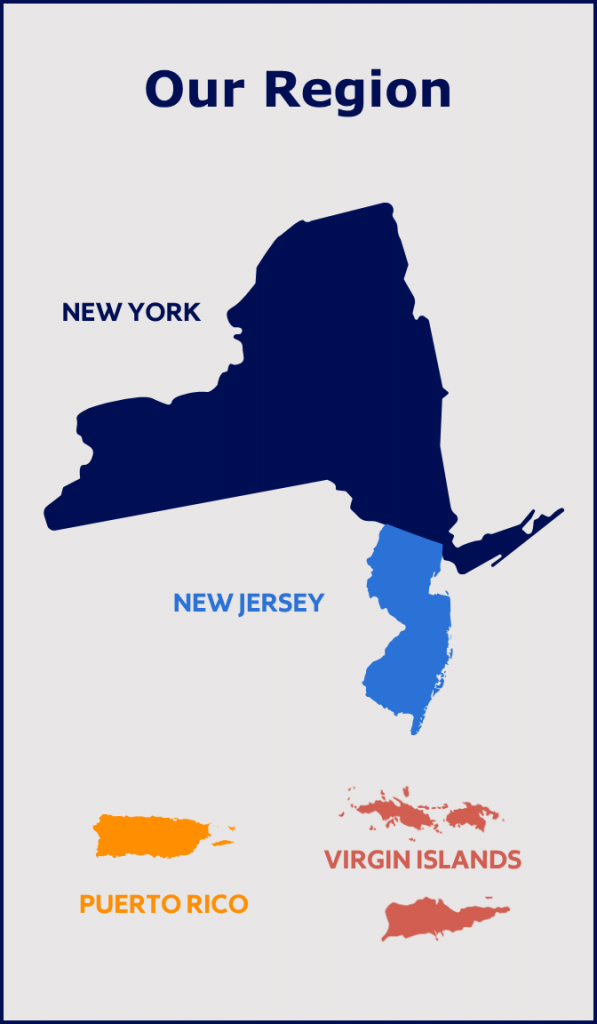 Image of our Region, EPA Region 2, including New York, New Jersey, Puerto Rico, the U.S. Virgin Islands, and eight Native Nations (not pictured).